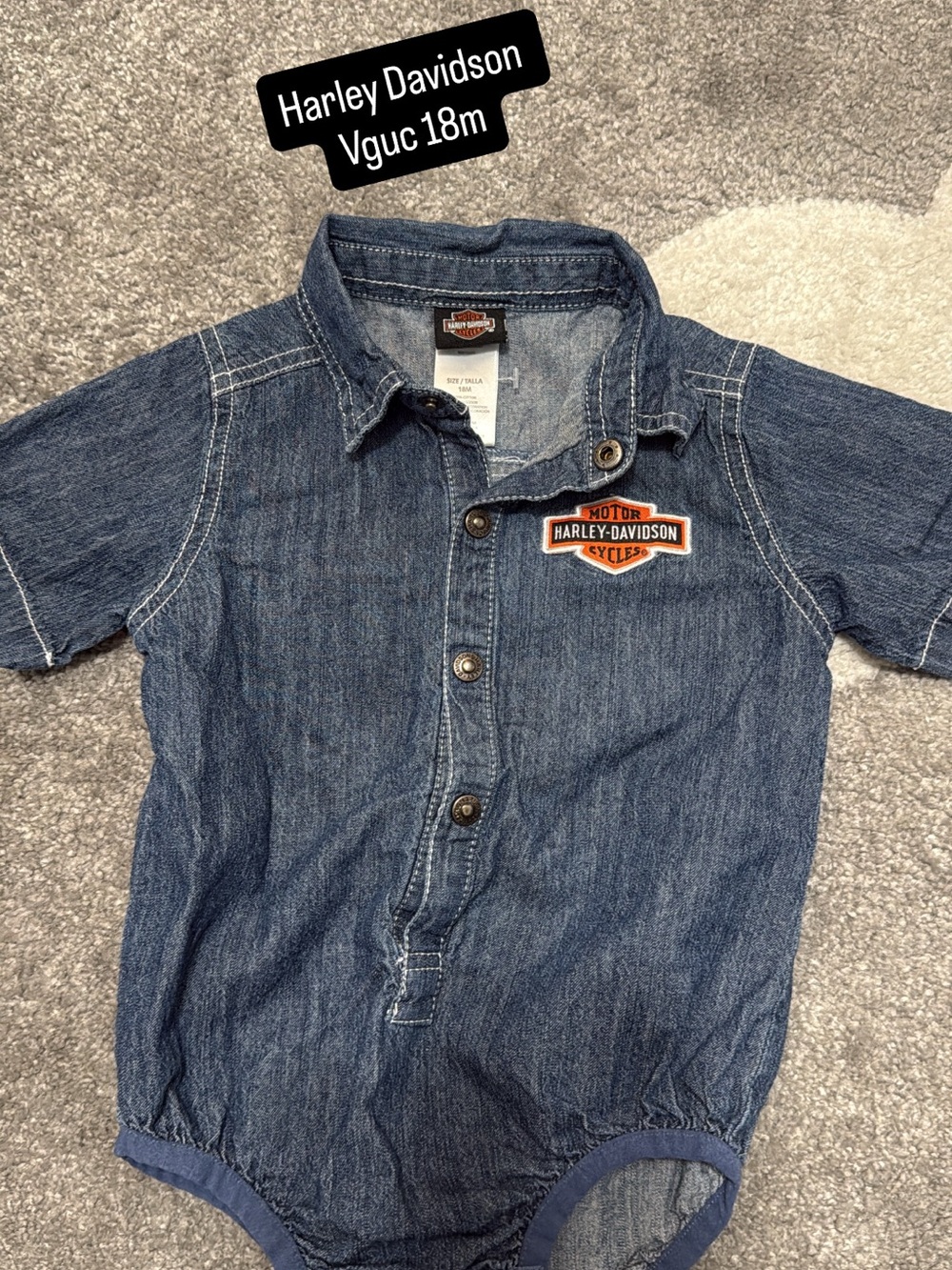 Harley-Davidson Boys' Denim Button-Front Bodysuit in Dark Blue with Orange Logo